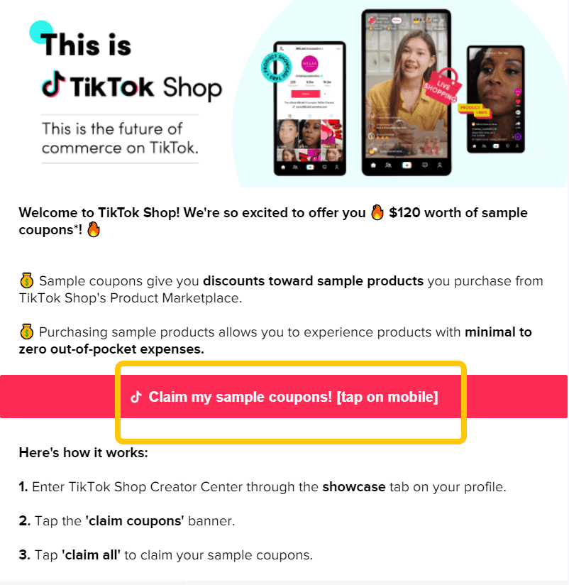 A mobile phone screenshot showing information about TikTok Shop with a highlighted button to check coupon status.