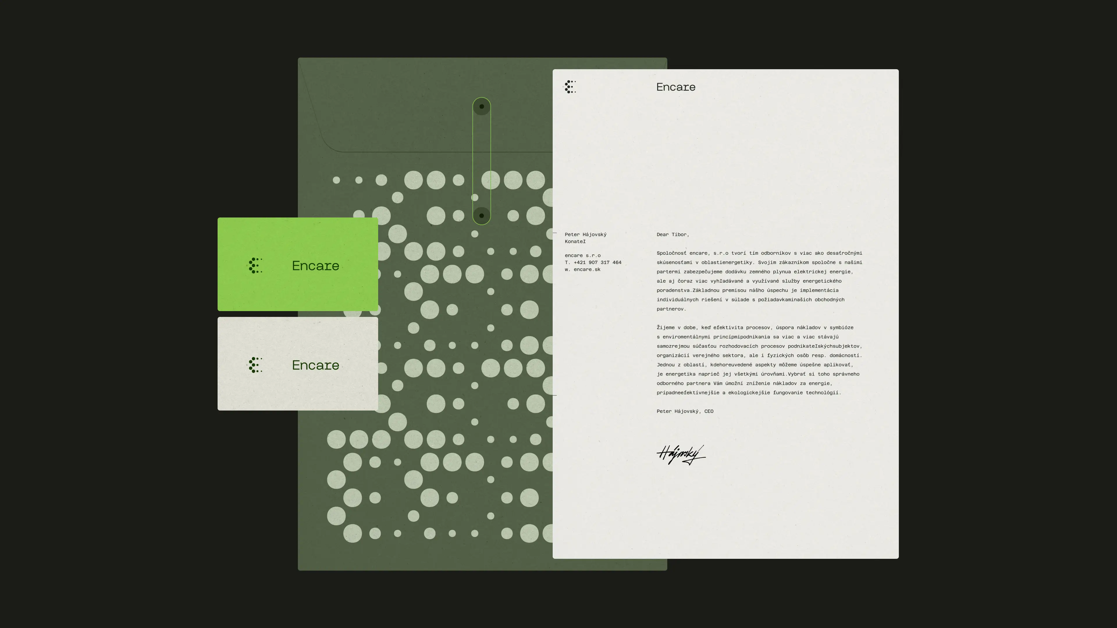 Stationery set on dark green — business cards in green and off-white, a patterned envelope, and a letterhead signed by the CEO