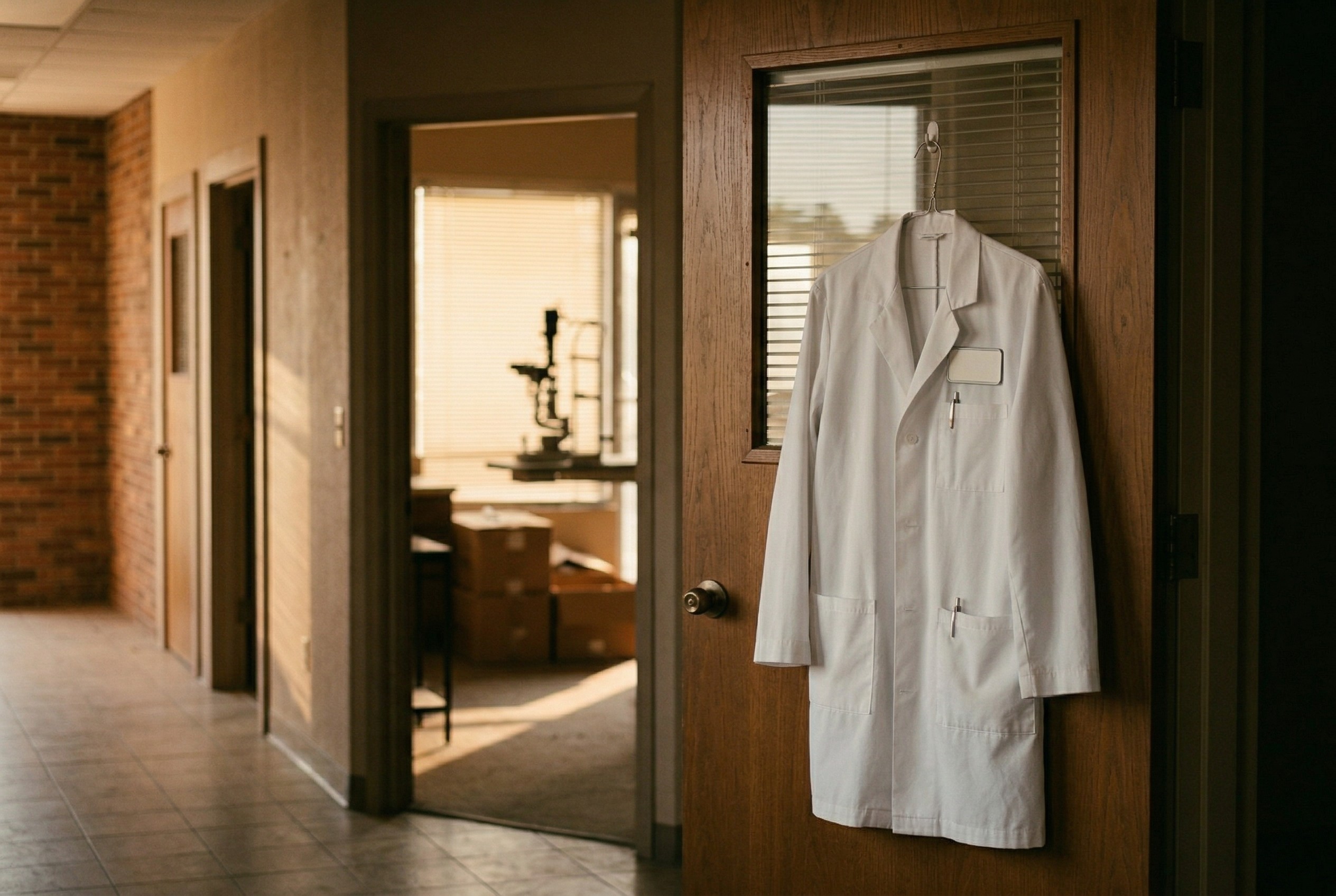 White coat hanging on ophthalmology office door with empty exam room and slit lamp visible through doorway