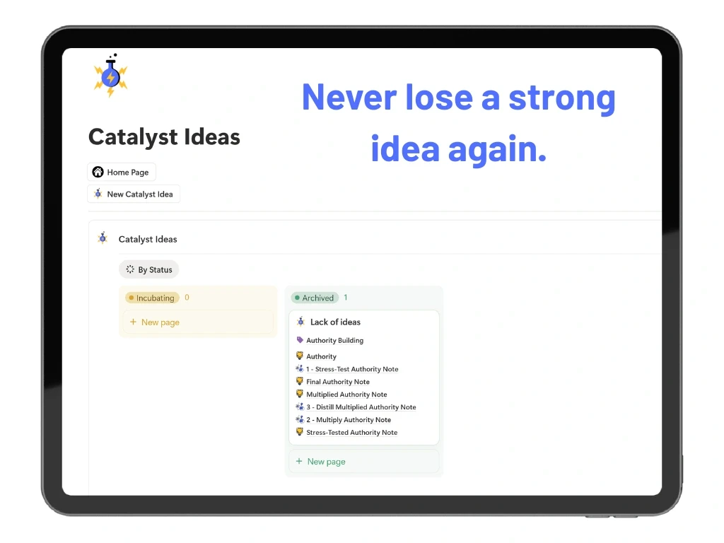 Screenshot of the Catalyst Ideas section in the Insight Incubator Notion template showing quick idea entries like Engaging Students and Serendipity