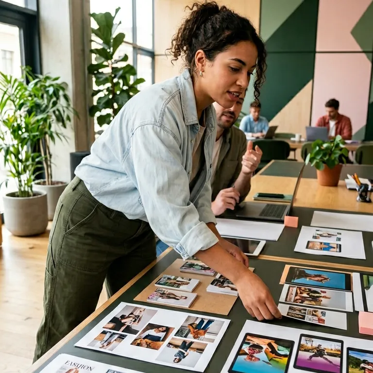 Équipe de consultants en atelier collaboratif sélectionnant des portraits pour un mur de visages, illustrant notre expertise en "Communication RH incarnée" pour mettre l'humain au cœur de la stratégie d'entreprise