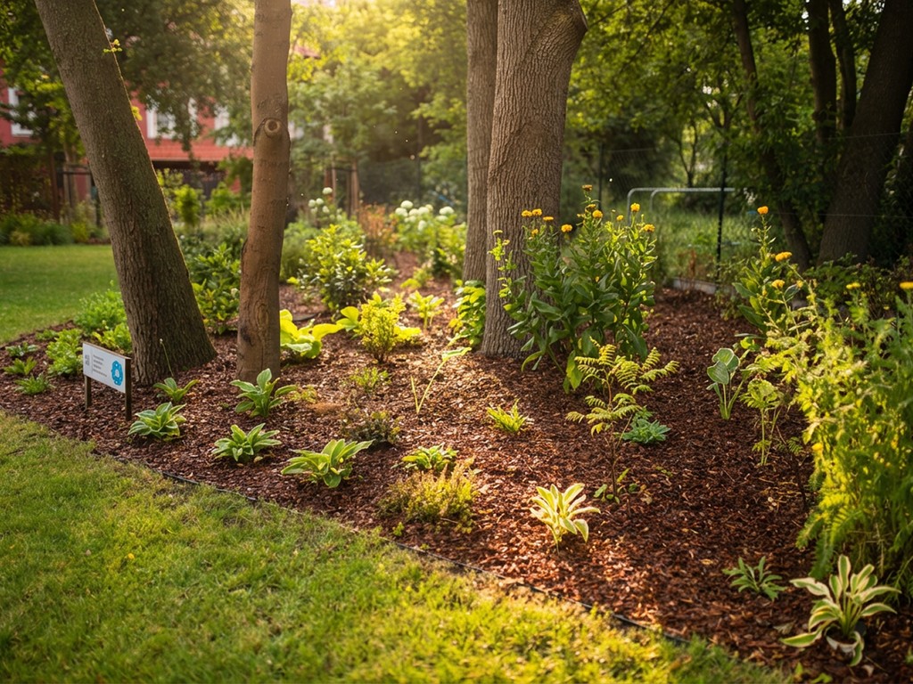 Rabatka z korą drzewną i sadzonkami