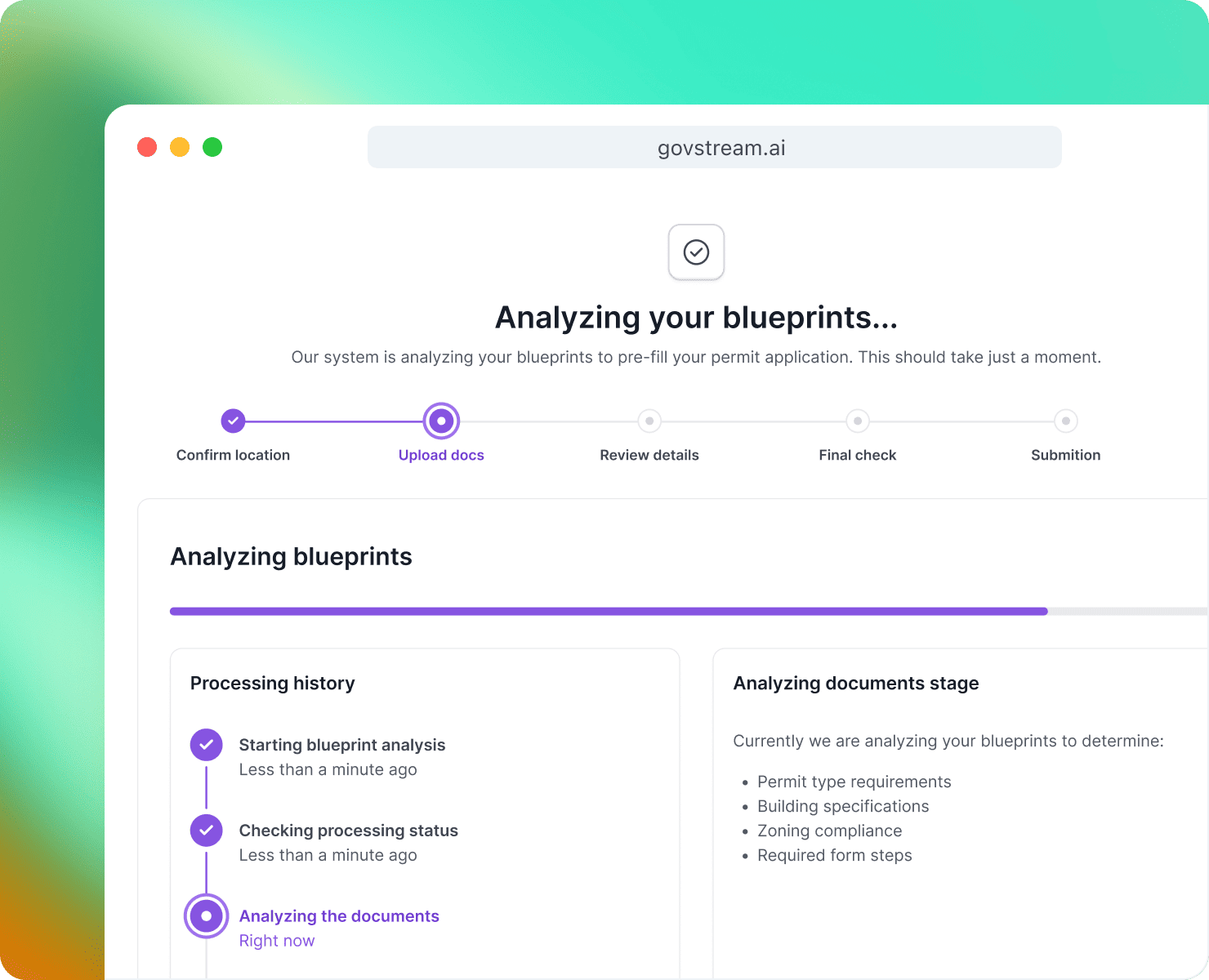 GovStream AI interface titled "Analyzing your blueprints"