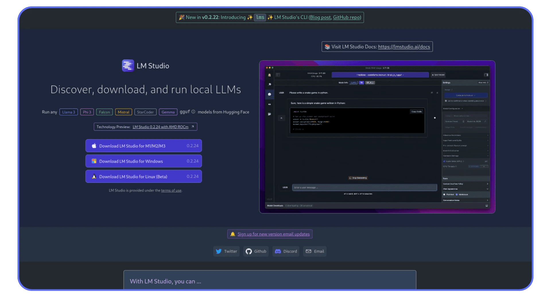 Screenshot of the LM Studio official website displaying download options for macOS, Windows, and Linux, with the tagline “Discover, download, and run local LLMs” and a preview of the LM Studio interface.