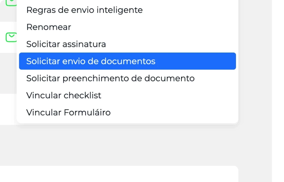 Menu de solicitação de envio de documentos no Docnuvem