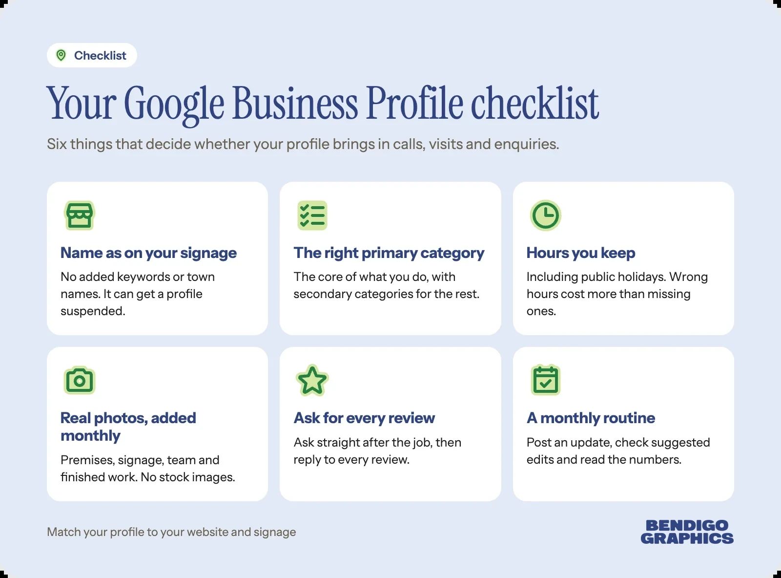 Google Business Profile checklist: your name as on your signage, the right primary category, hours you keep, real photos added monthly, ask for every review, and a monthly routine.