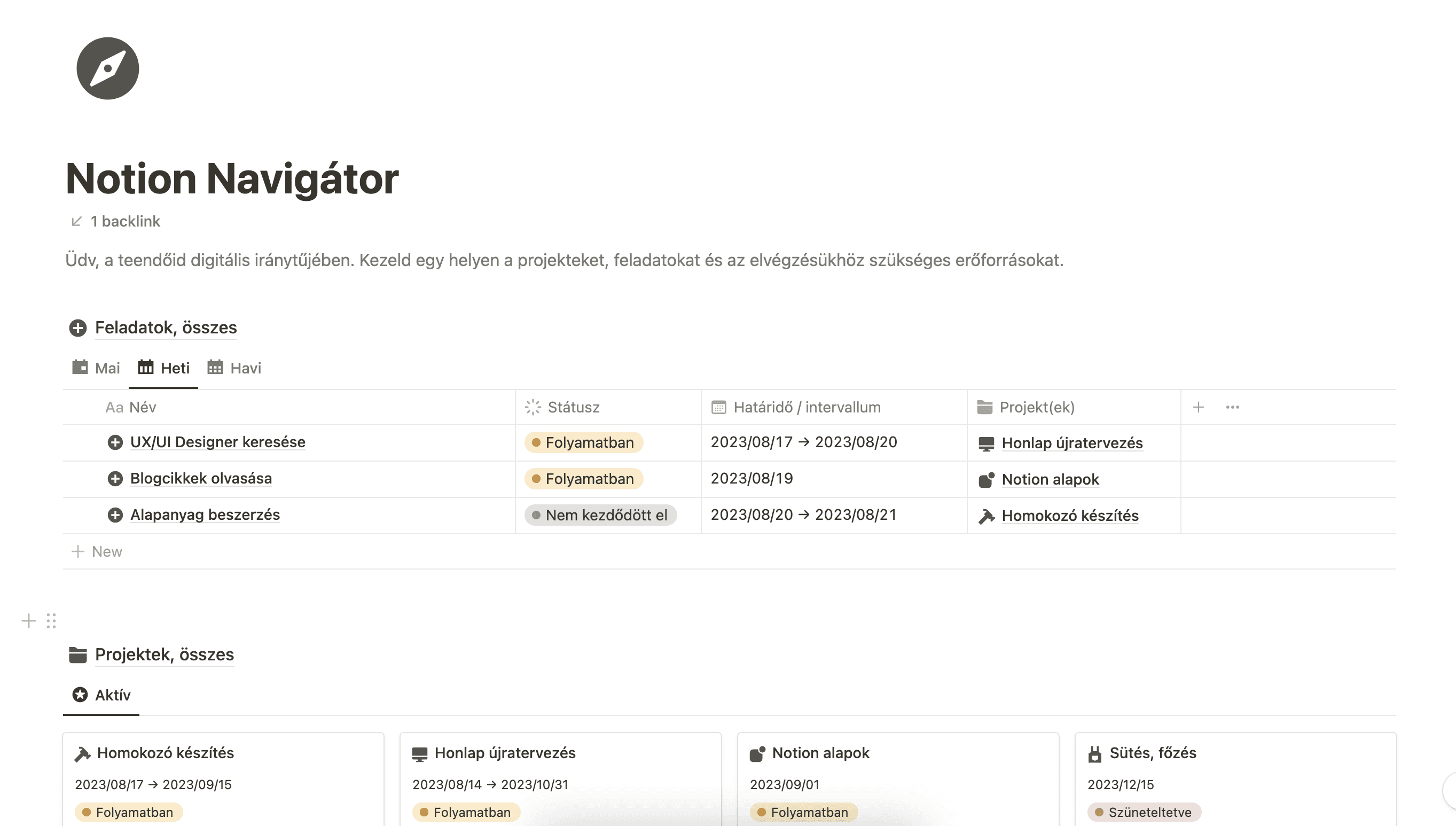 Kezdőlap feladat és projekt nézettel a Notion Navigátor sablonban.