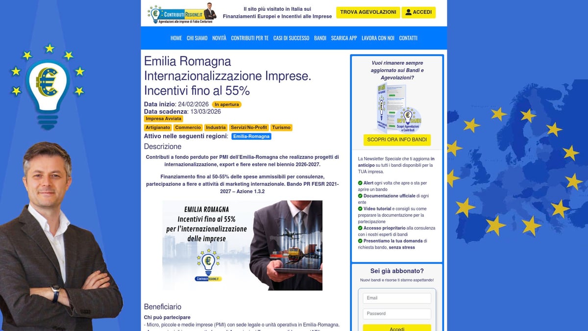 7 Opportunità Di Finanziamenti Emilia Romagna 2026 Da Scoprire - Emilia Romagna: Internazionalizzazione Imprese – Fino al 55% per Export e Fiere