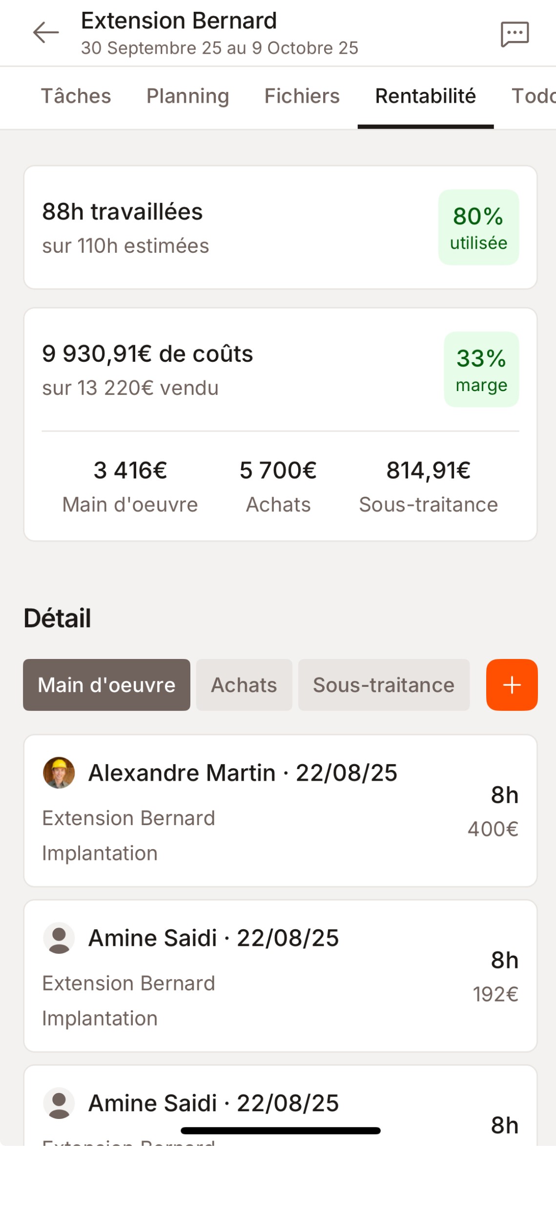 Saisie des heures depuis l'application mobile Suivichantier.com sur un chantier