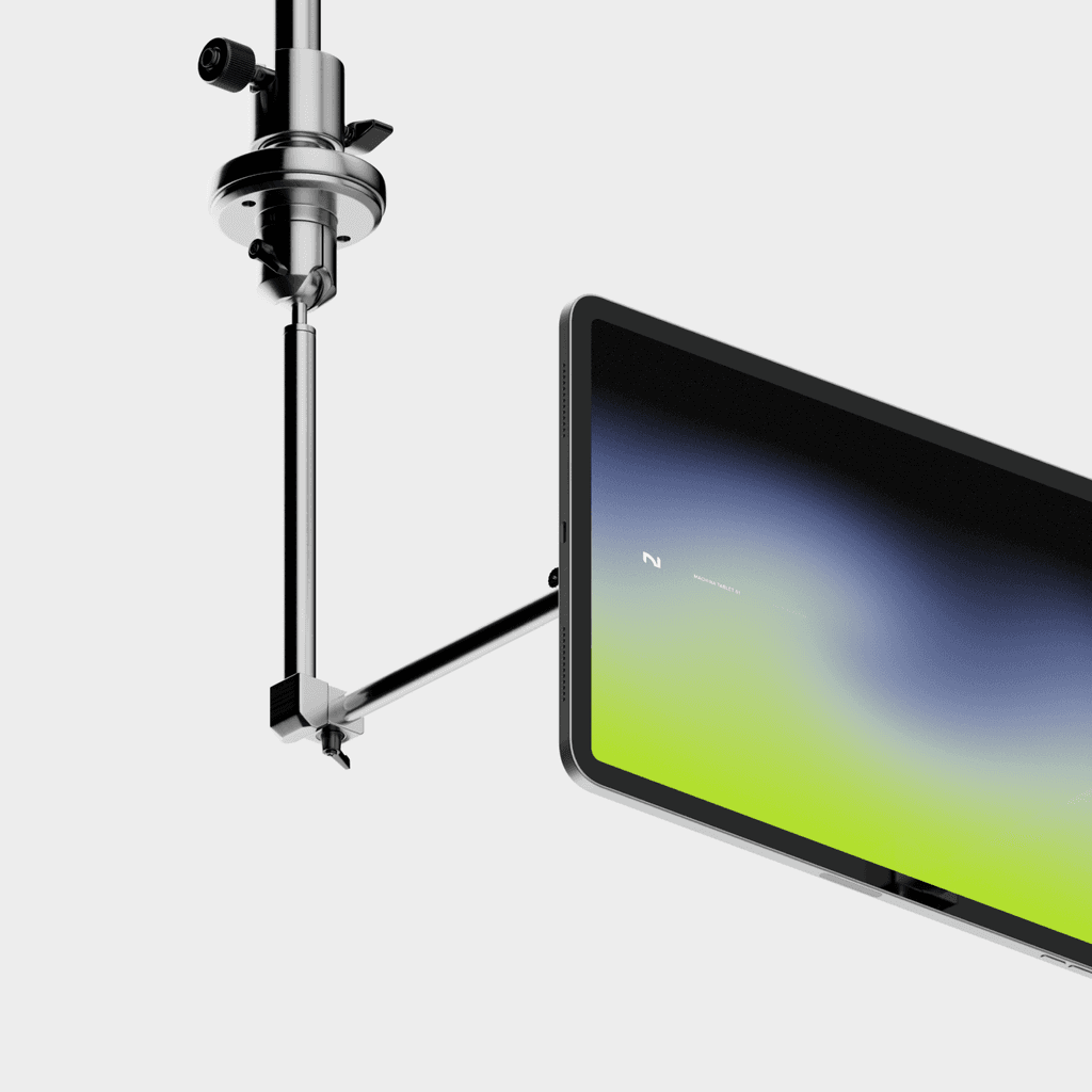 Spotify iPad app concept with green-to-blue gradient on chrome studio stand, by Michael Novia