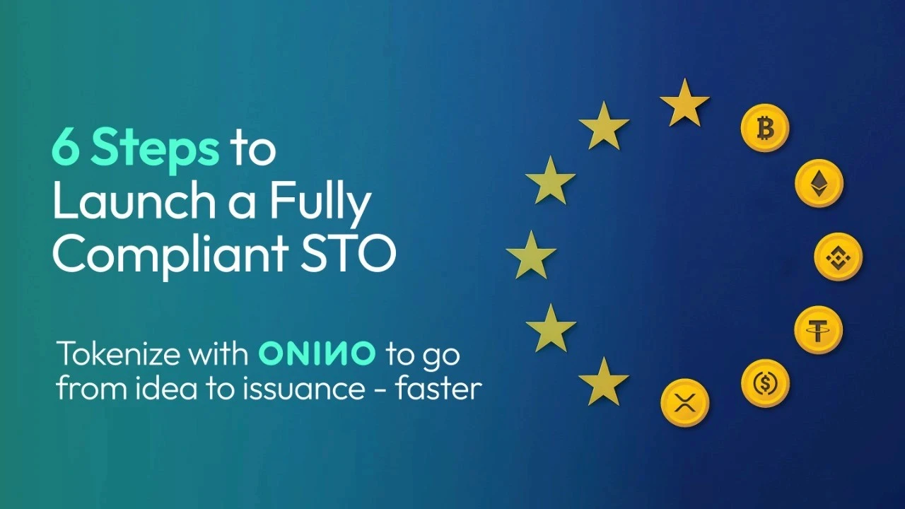 EU flag with crypto token icons replacing stars illustrating 6 steps to launch a fully compliant STO in Europe — ONINO