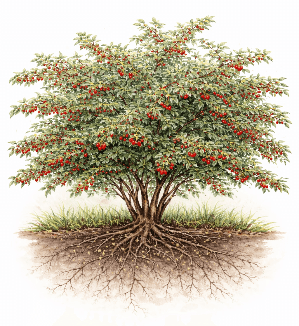 Mature goumi plant (Elaeagnus multiflora) showing multi-stem shrub structure, arching branches, and root system