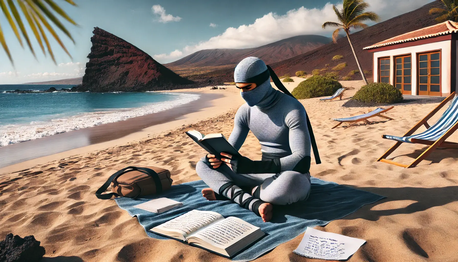 un ninja estudiando en la playa de Canarias