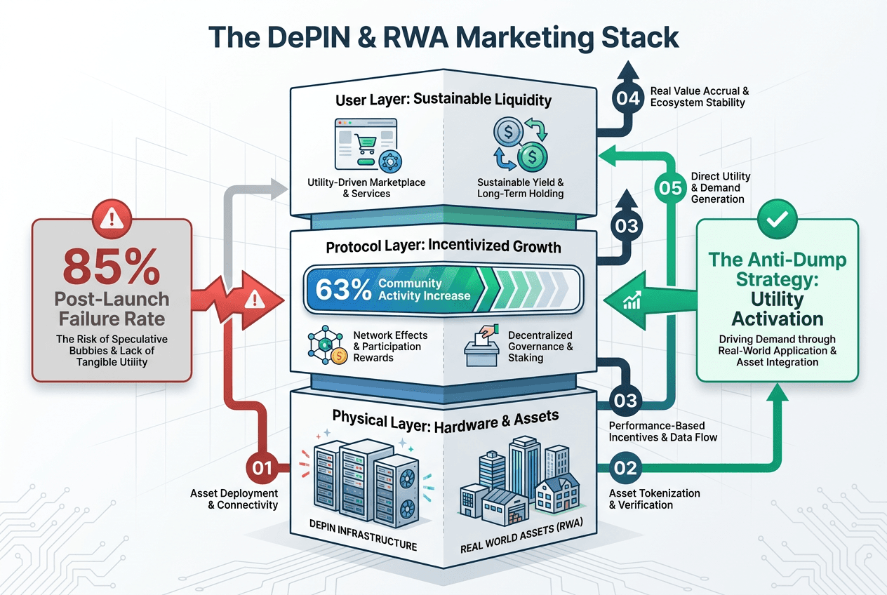 Technical framework for DePIN and RWA marketing, showing the stack from physical hardware to protocol incentives and sustainable user liquidity layers.