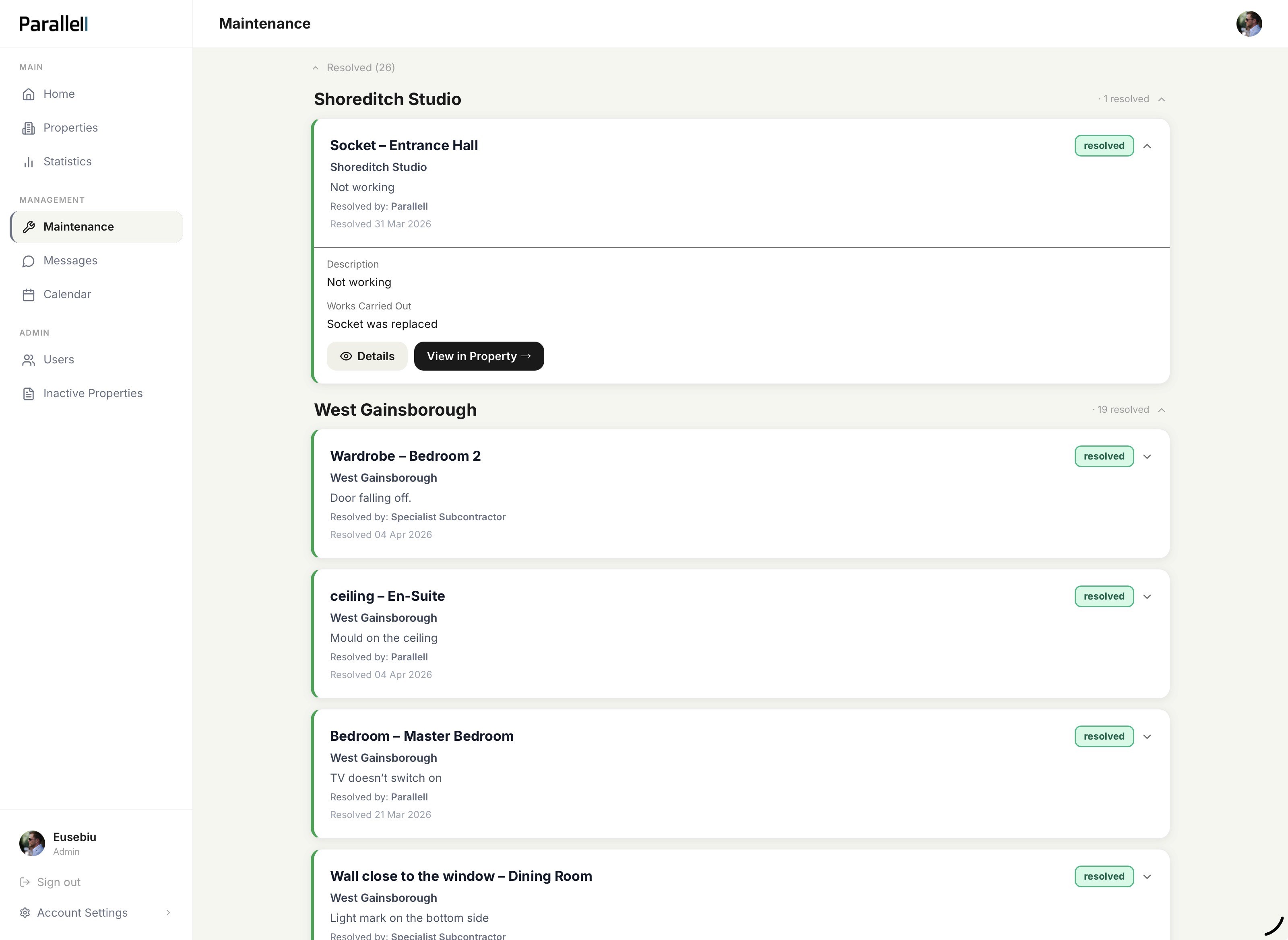 Parallell property dashboard