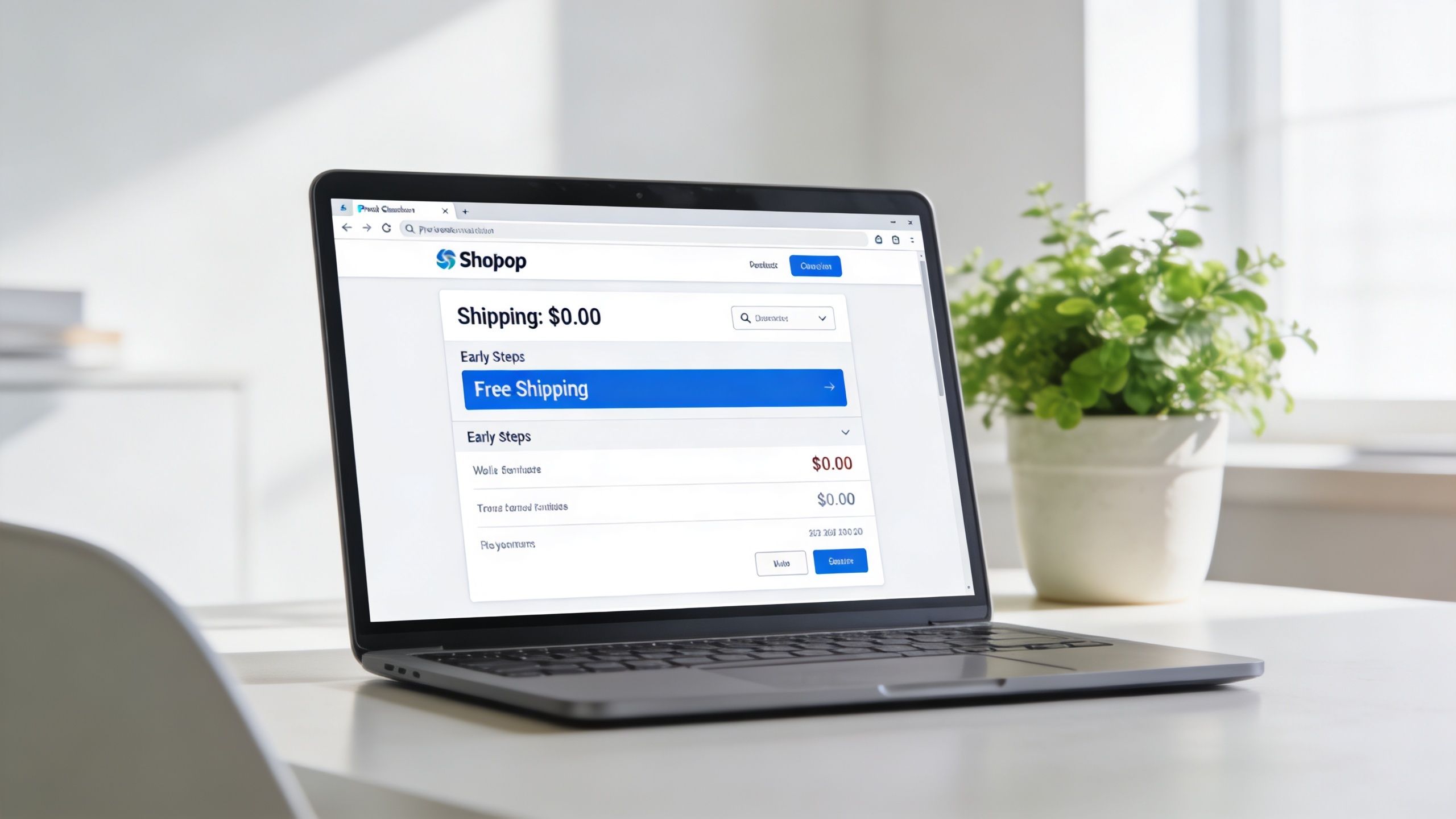 A laptop screen displaying an online checkout page on a website called Shopop with shipping options.