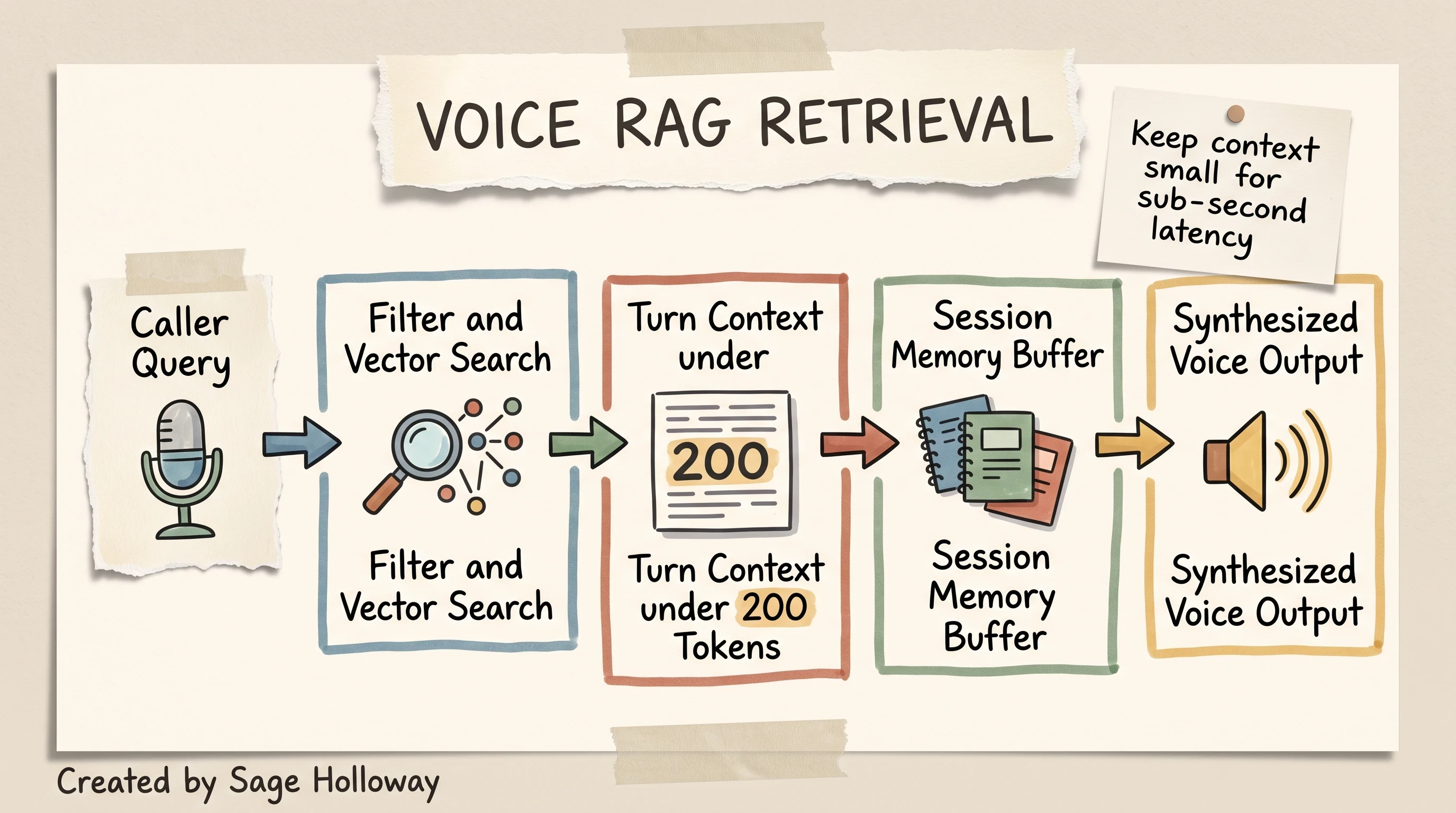 Scrapbook diagram of per-turn RAG retrieval and isolated conversation state for voice agents