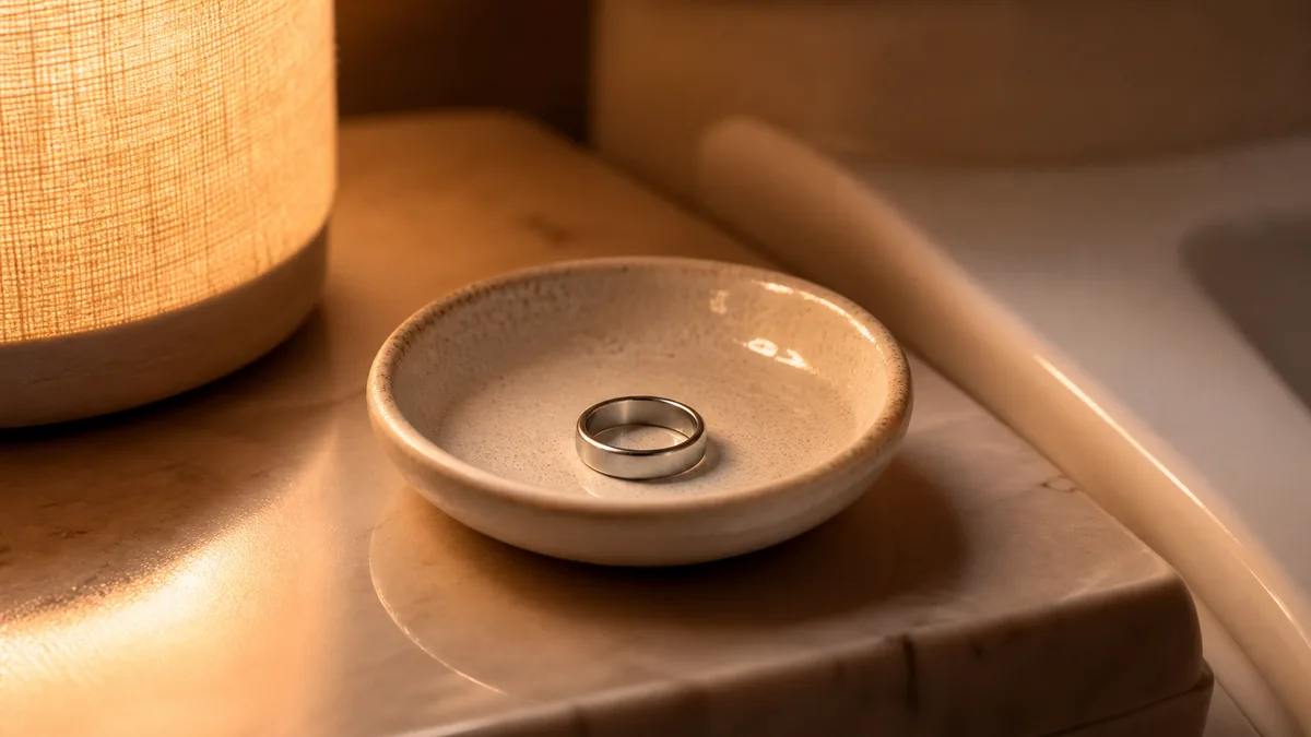 A silver Zikr Ring rests in a small ceramic dish under warm lamp light