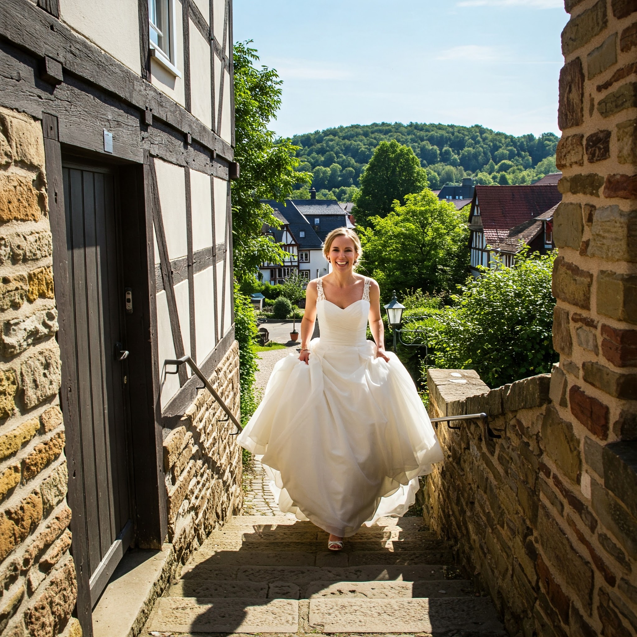 Eine Braut mit blondem, hochgestecktem Haar, gekleidet in ein schimmerndes, weißes Kleid mit zarten Spitzen und einer fließenden Silhouette, läuft eine steinerne Treppe in einer alten europäischen Stadt hinunter. Warmes Sonnenlicht umhüllt sie und betont die Details ihres Kleides sowie den freudigen Ausdruck auf ihrem Gesicht. Sie trägt einen Blumenstrauß und ihr Blick ist nach vorne gerichtet, voller Vorfreude auf den neuen Lebensabschnitt. Der Hintergrund zeigt einen blauen Himmel, grüne Bäume und die Texturen der alten Gebäude, die die Szene umgeben.