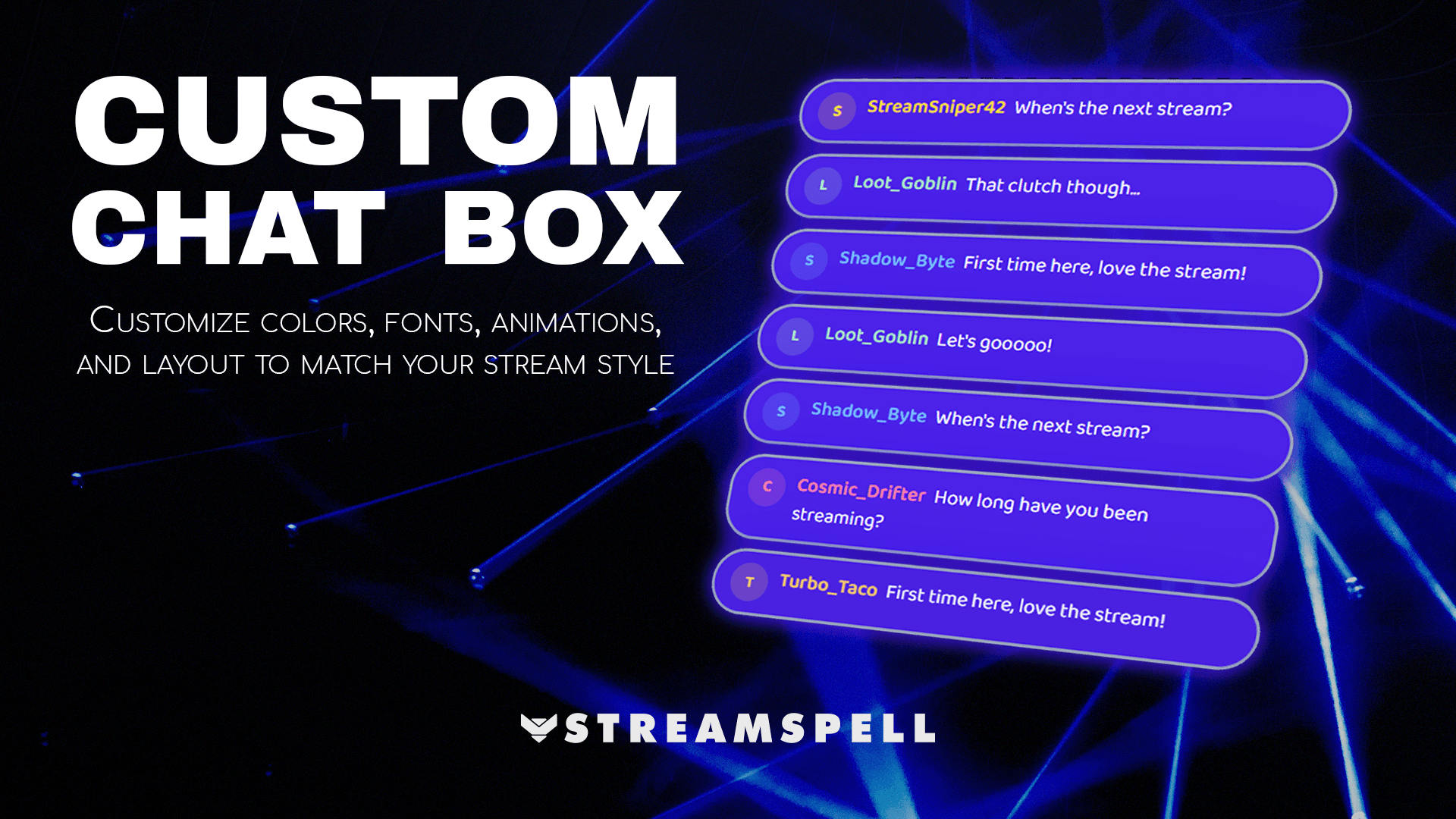Custom chat box widget with glowing purple message bubbles and animated Twitch-style chat, promoting the Stream Widgets Hub by StreamSpell. Ideal for Twitch, YouTube, and Kick streams. Fully customizable colors, fonts, animations, and layout. Compatible with OBS Studio, Streamlabs, and StreamElements.