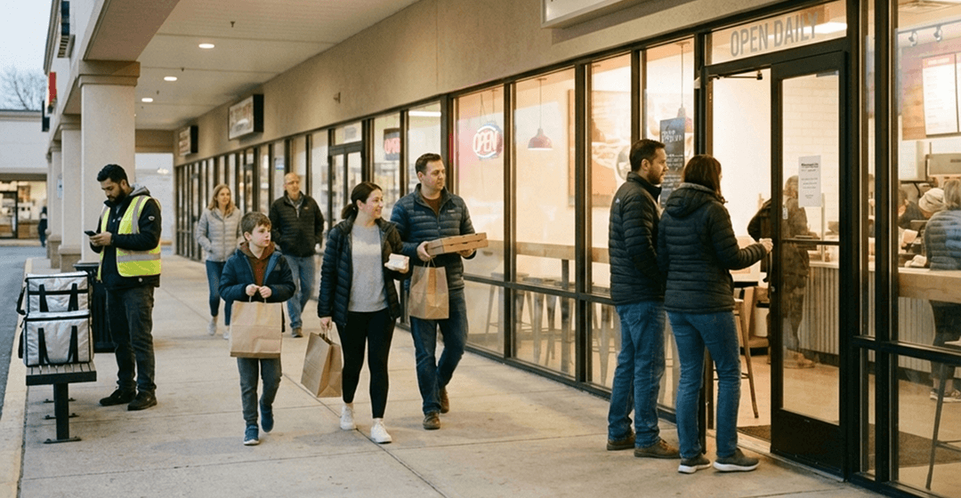 High-traffic strip mall restaurant with customers walking in and out during early evening