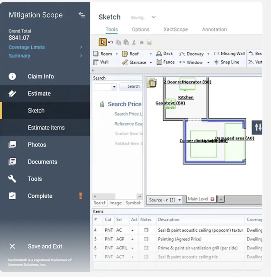 esx file showing a project in xactimate