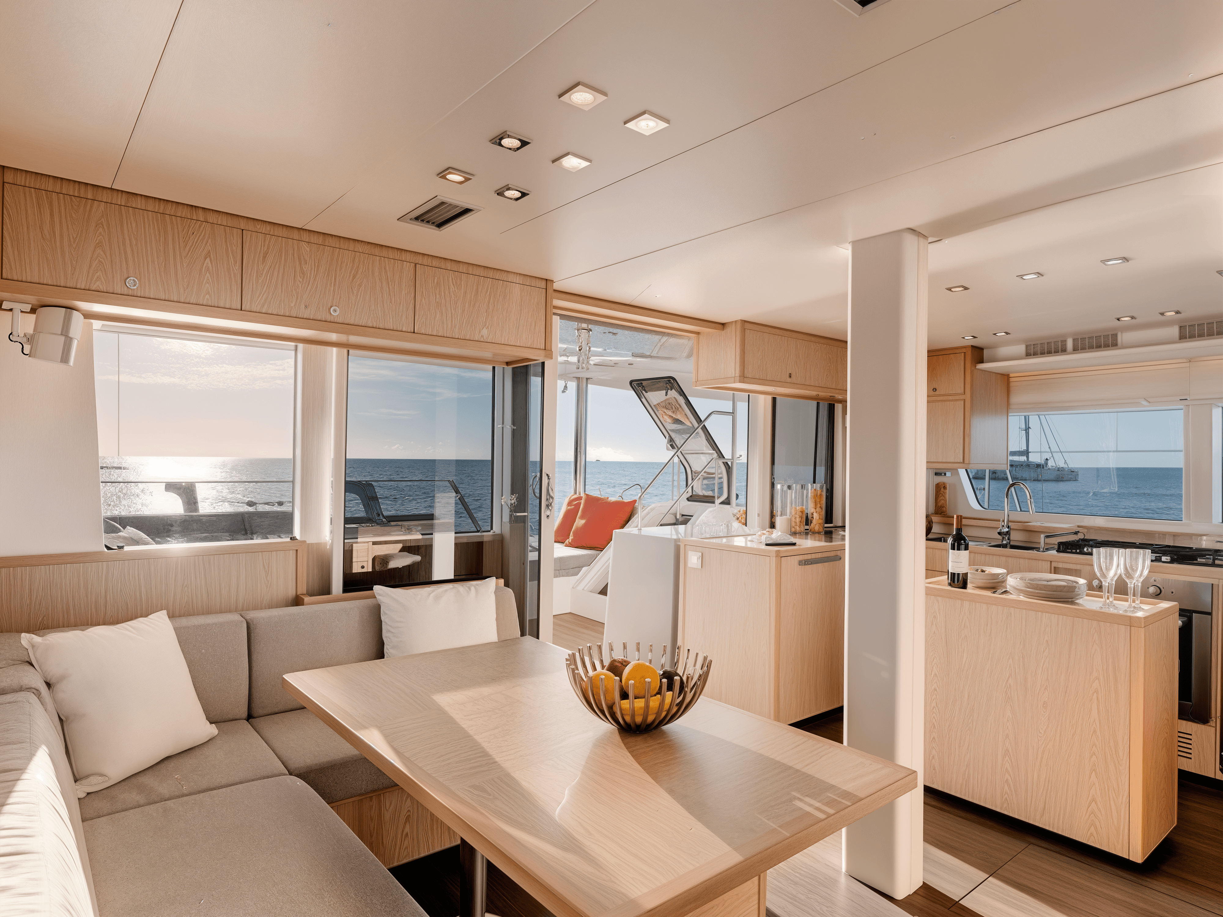 Intérieur lumineux et épuré d’un catamaran, espace de vie propice au calme, à la détente et à la reconnexion à soi