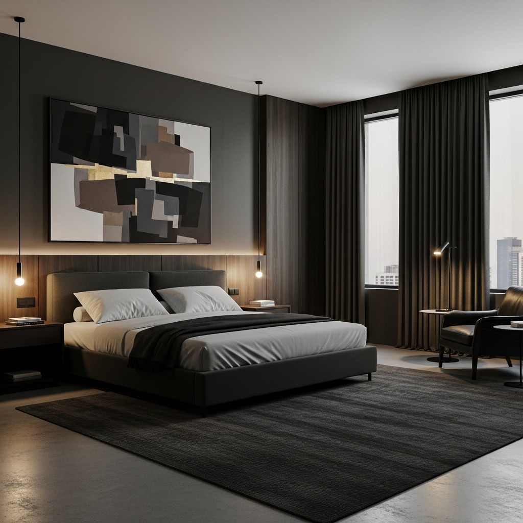 Dark and moody bedroom concept with refined lighting and luxe material contrast.