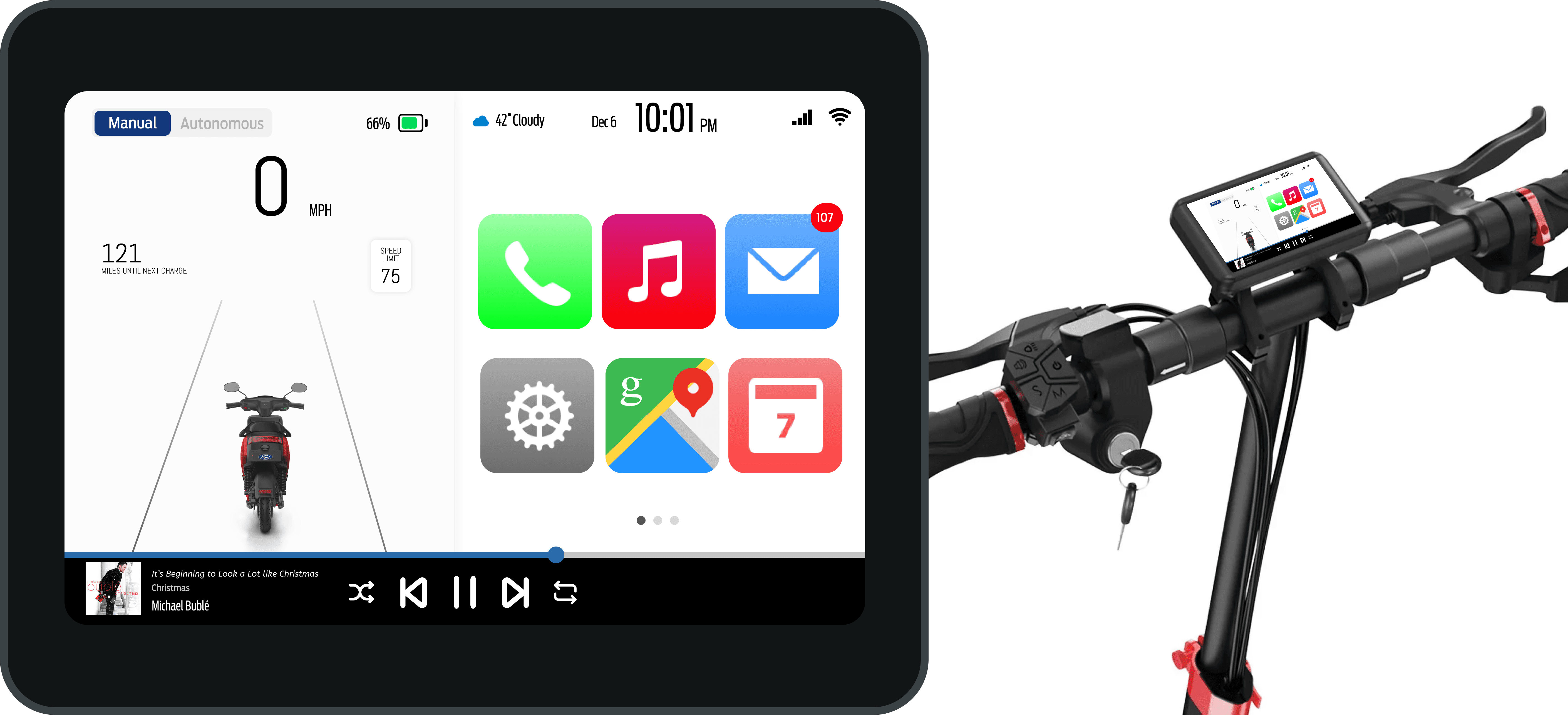 This image shows a side by side of the user interface and physical prototype of the vehicle.