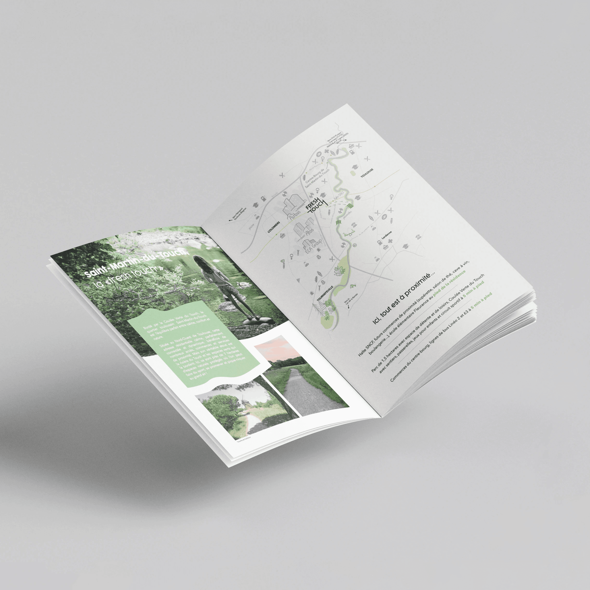 Plaquette commerciale pour résidence Fresh Touch, mise en page fluide et couleurs pastel
