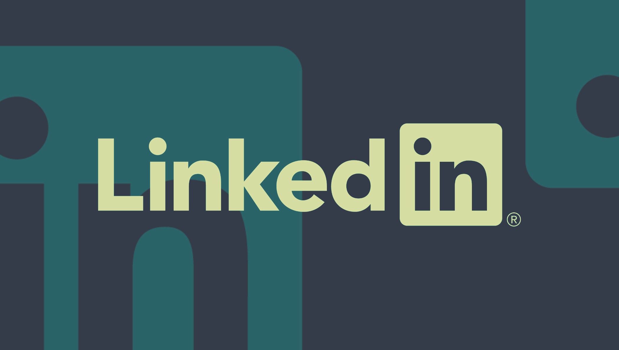 LinkedIn logo displayed at the center of a dark green and navy blue background. The logo, which consists of the word 'LinkedIn' is positioned centrally against the contrasting backdrop