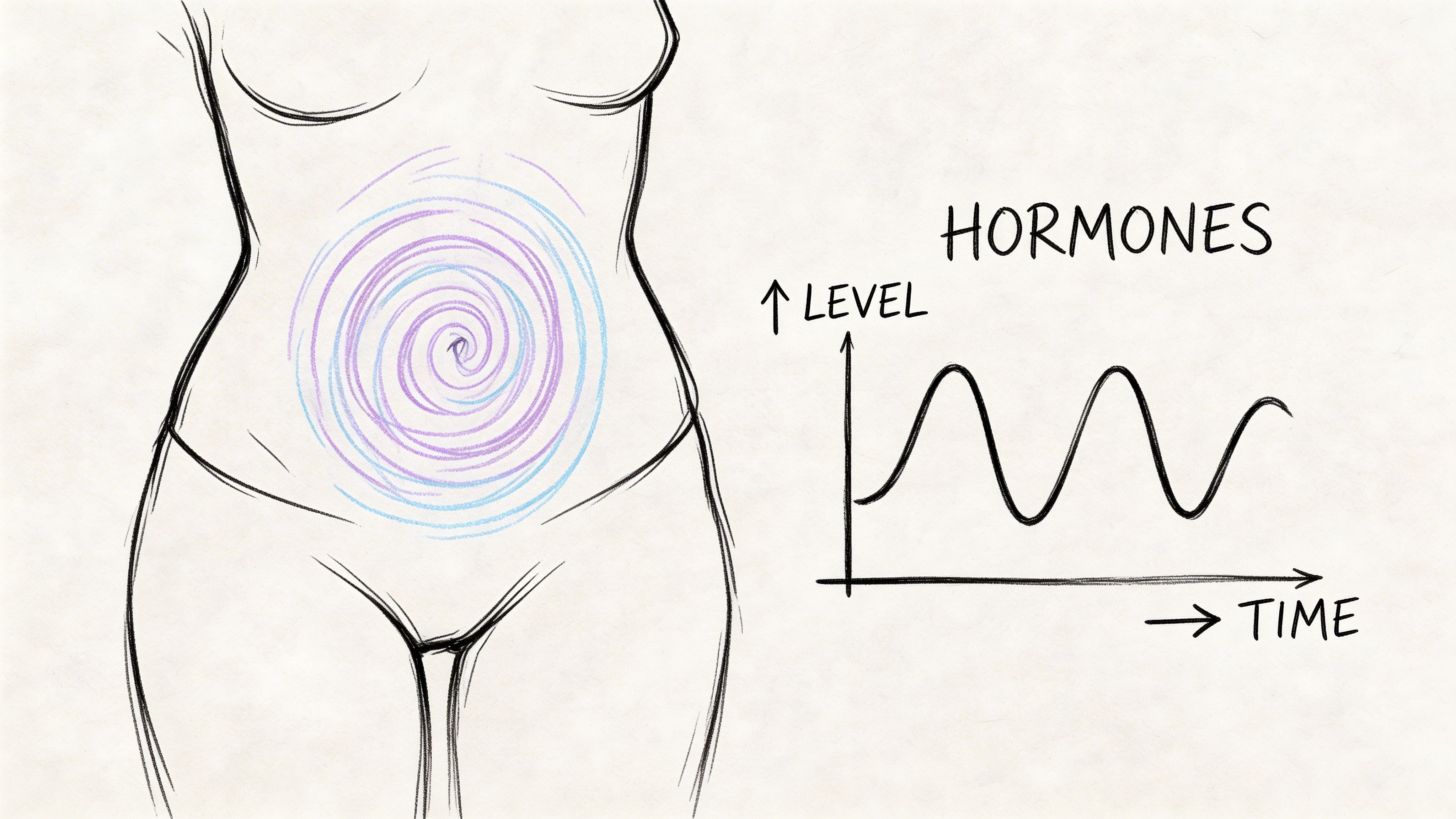 An illustration showing a woman's torso with abdominal bloating and a graph of fluctuating hormone levels.