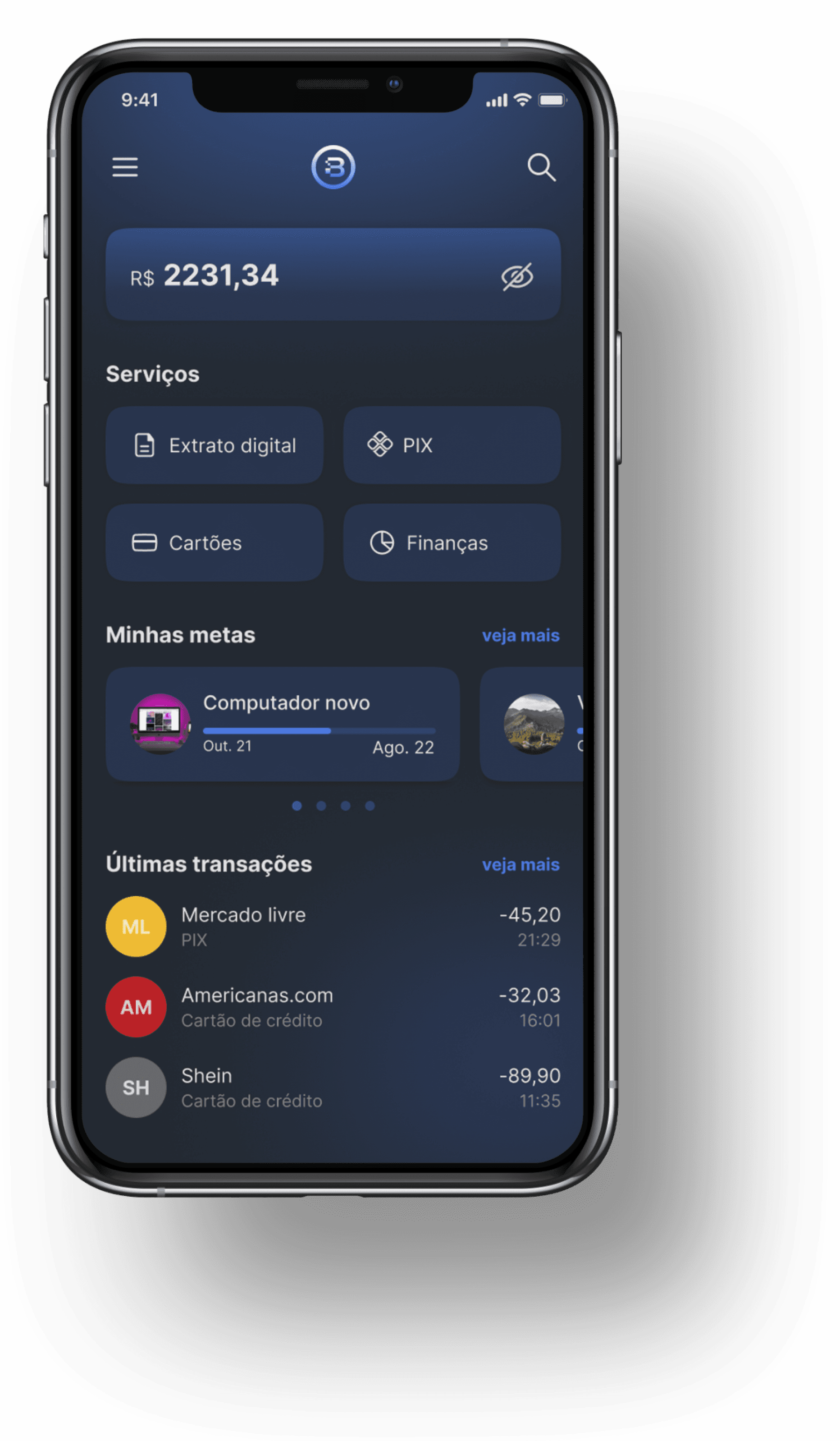 Interface principal do aplicativo mostrando atalhos para diversas funcionalidades