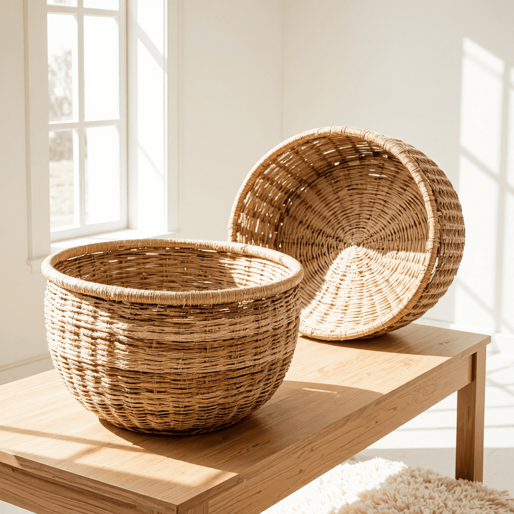 product photography of a set of woven baskets for storage