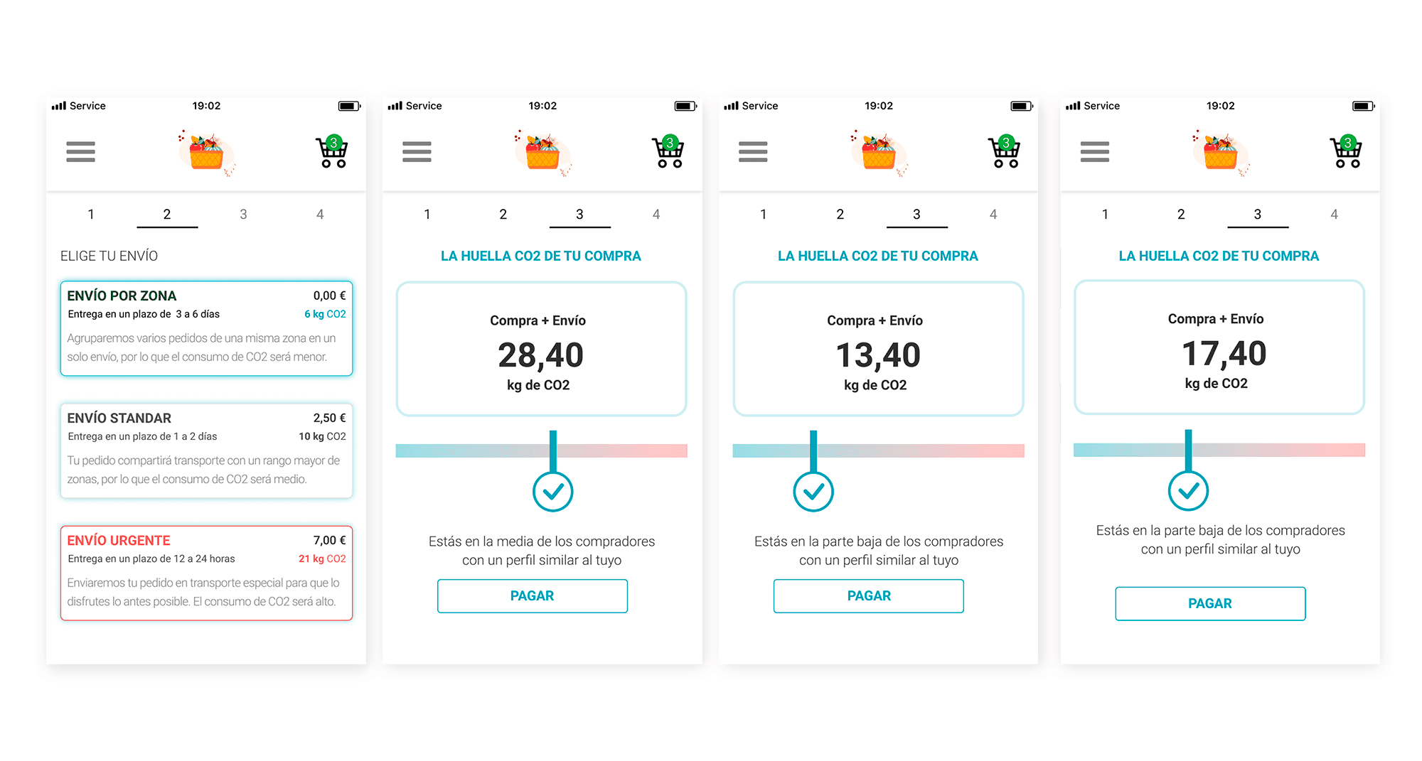 4 pantallas de la aplicación CO2to donde se aprecia la elección de tipo de envío