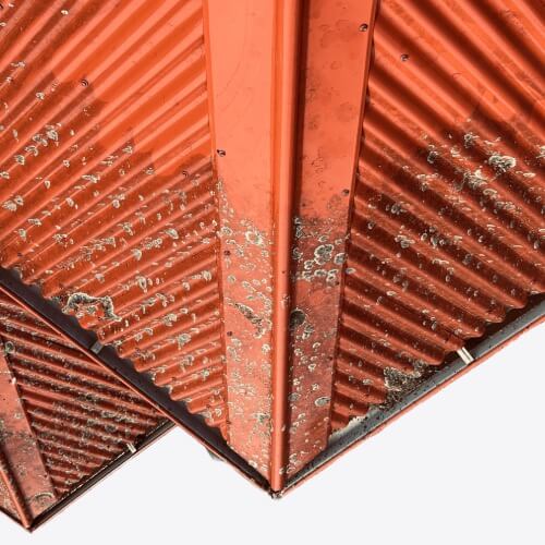 Partially cleaned red corrugated metal roof showing clear before and after contrast from BLHISS roof washing services