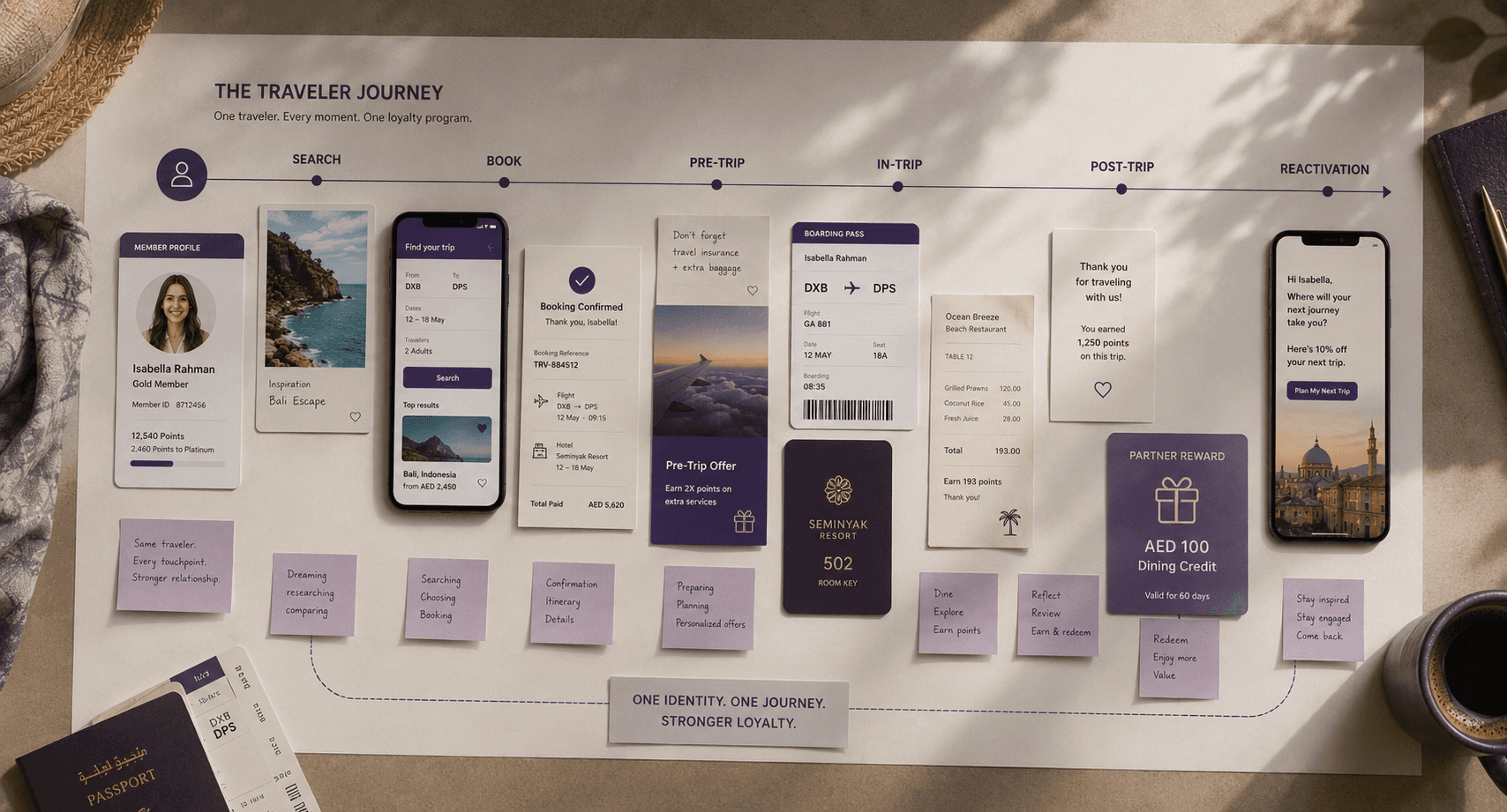Printed travel journey timeline connecting search, booking, pre-trip, in-trip, post-trip, and reactivation stages.