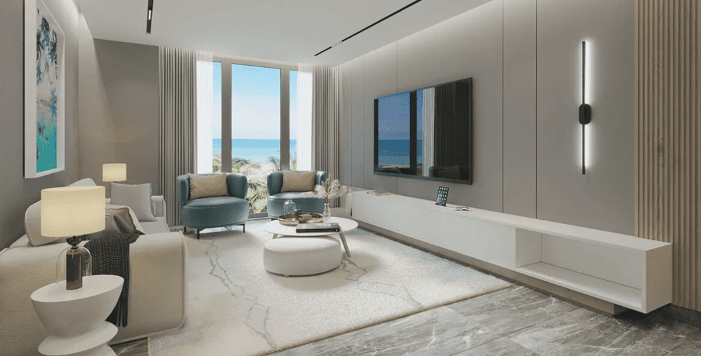 Contemporary living room in Edgewater Residences, highlighting a dining area with a table and chairs