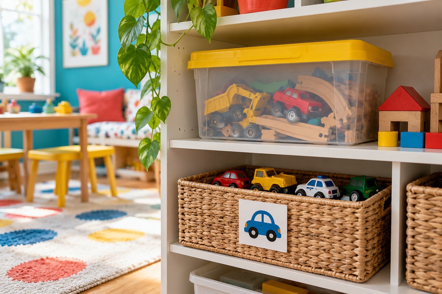 Un panier de petites voitures accessible sur une étagère, sous une boîte fermée contenant d’autres jouets.
