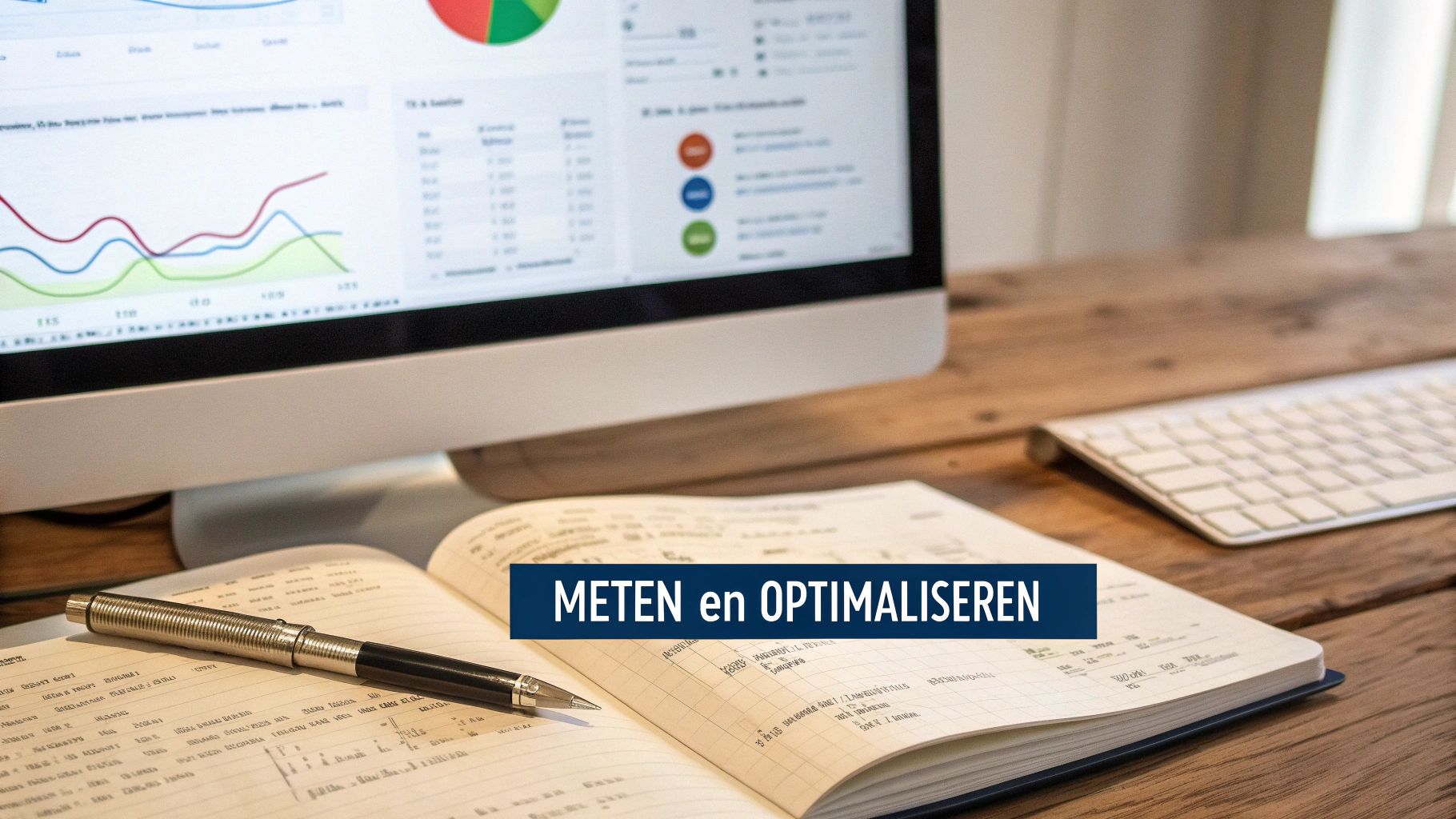 Computer met statistieken, grafieken en open notitieboek met pen op houten bureau, voor meten en optimaliseren.