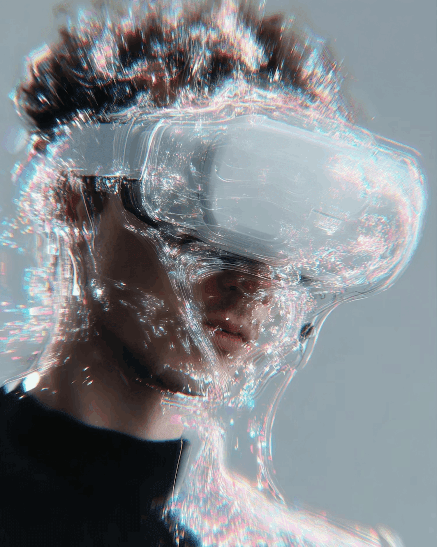 Person wearing a VR headset with vibrant digital distortion.