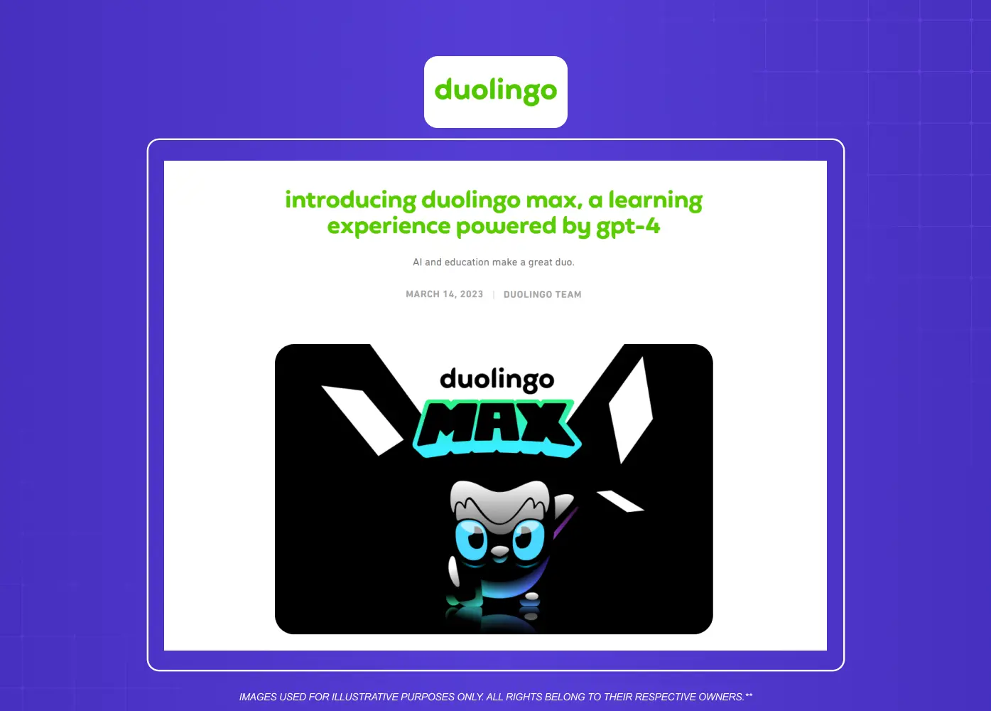 Screenshot of Duolingo's announcement introducing Duolingo Max, showcasing GPT-4-powered AI features for language learning.