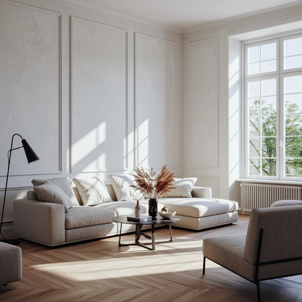 Bright elegant living room featuring smooth white Venetian plaster walls with subtle texture and luminous finish