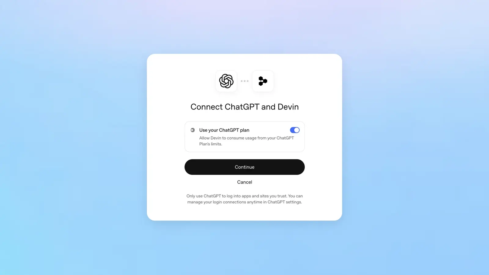 Anmeldung mit ChatGPT in einer Partner-App mit dem Schalter Use your ChatGPT plan