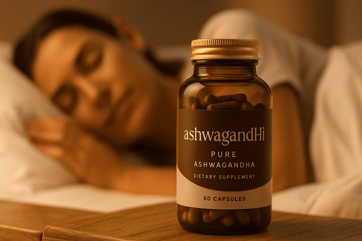 Sleeping woman with an ashwagandHi bottle on the table