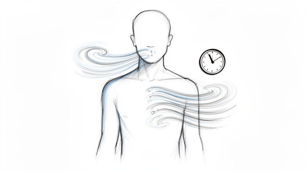Illustration of a person's upper body with radiating heat waves and a clock, depicting a hot flash.
