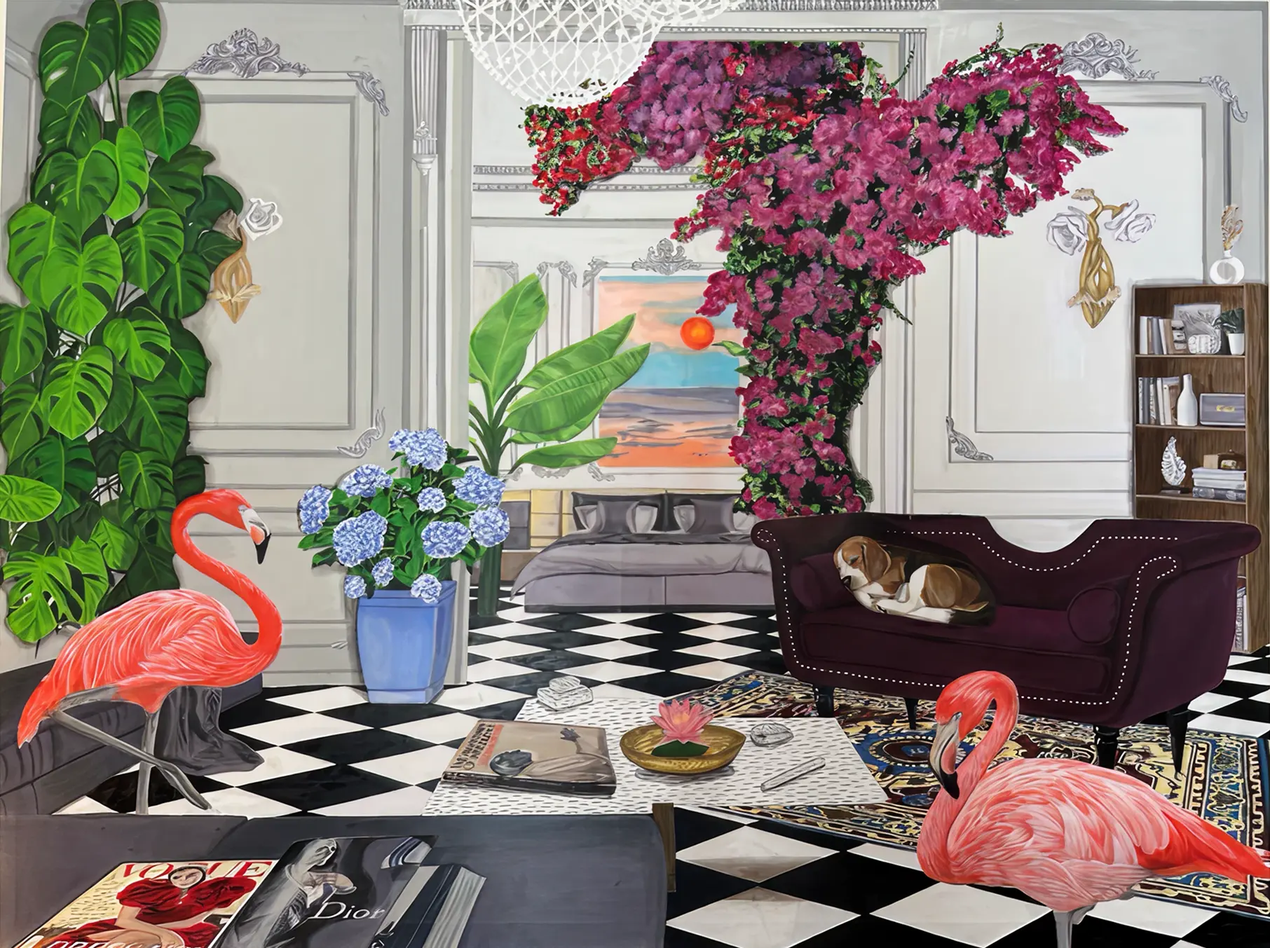 A whimsical and elegant interior scene featuring two pink flamingos in a checkered-floor living room. A beagle dog naps on a plush maroon couch, surrounded by lush plants, hydrangeas in a blue pot, fashion magazines, and a golden lotus-shaped bowl on a coffee table. Bougainvillea vines cascade from the ceiling arch into the adjacent bedroom, where a vivid sunset painting glows in the background.