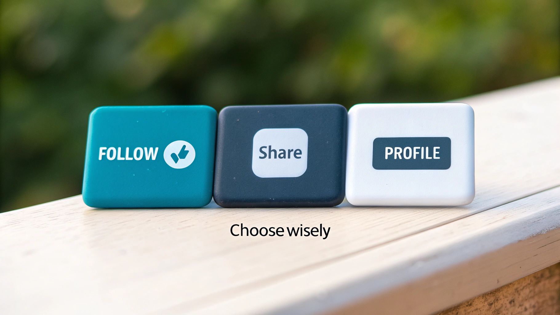 Three social media buttons: teal 'FOLLOW', dark gray 'Share', and white 'PROFILE', on wood with 'Choose wisely'.