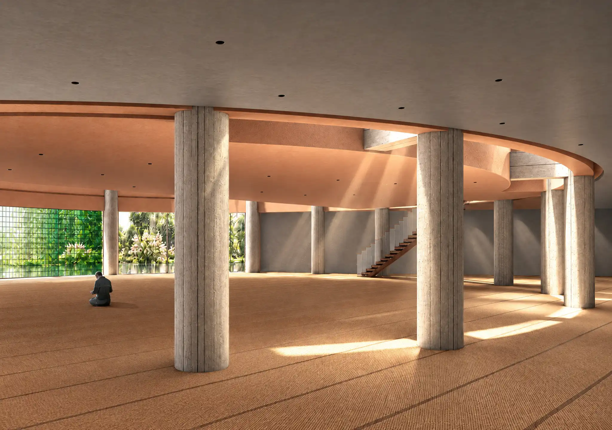 Interior of the circular prayer hall, showing uniform natural light guided between beams and a solitary worshiper for scale and introspection.