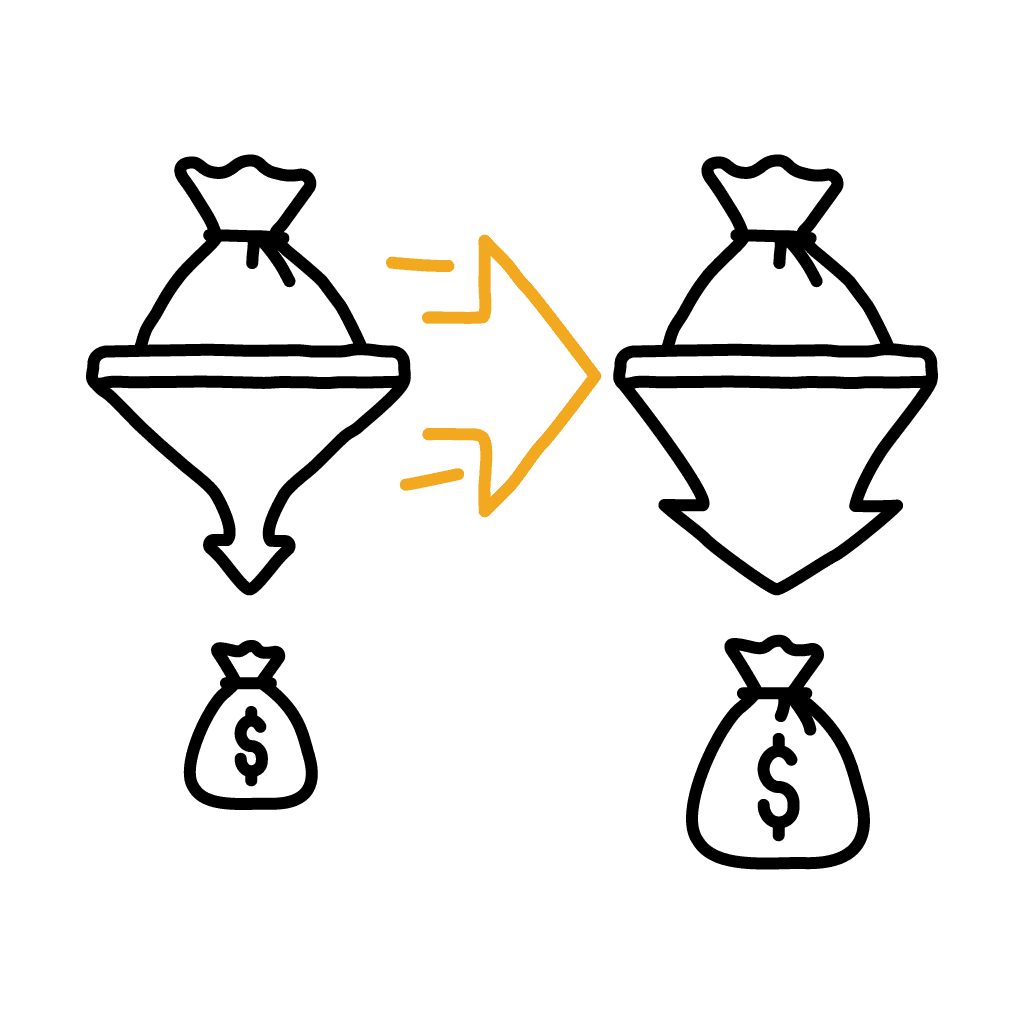 Illustration showing a funnel transforming into money bags, symbolizing the immediate results of fixing bottlenecks—predictable revenue, sales teams hitting targets, and the freedom to focus on growth.